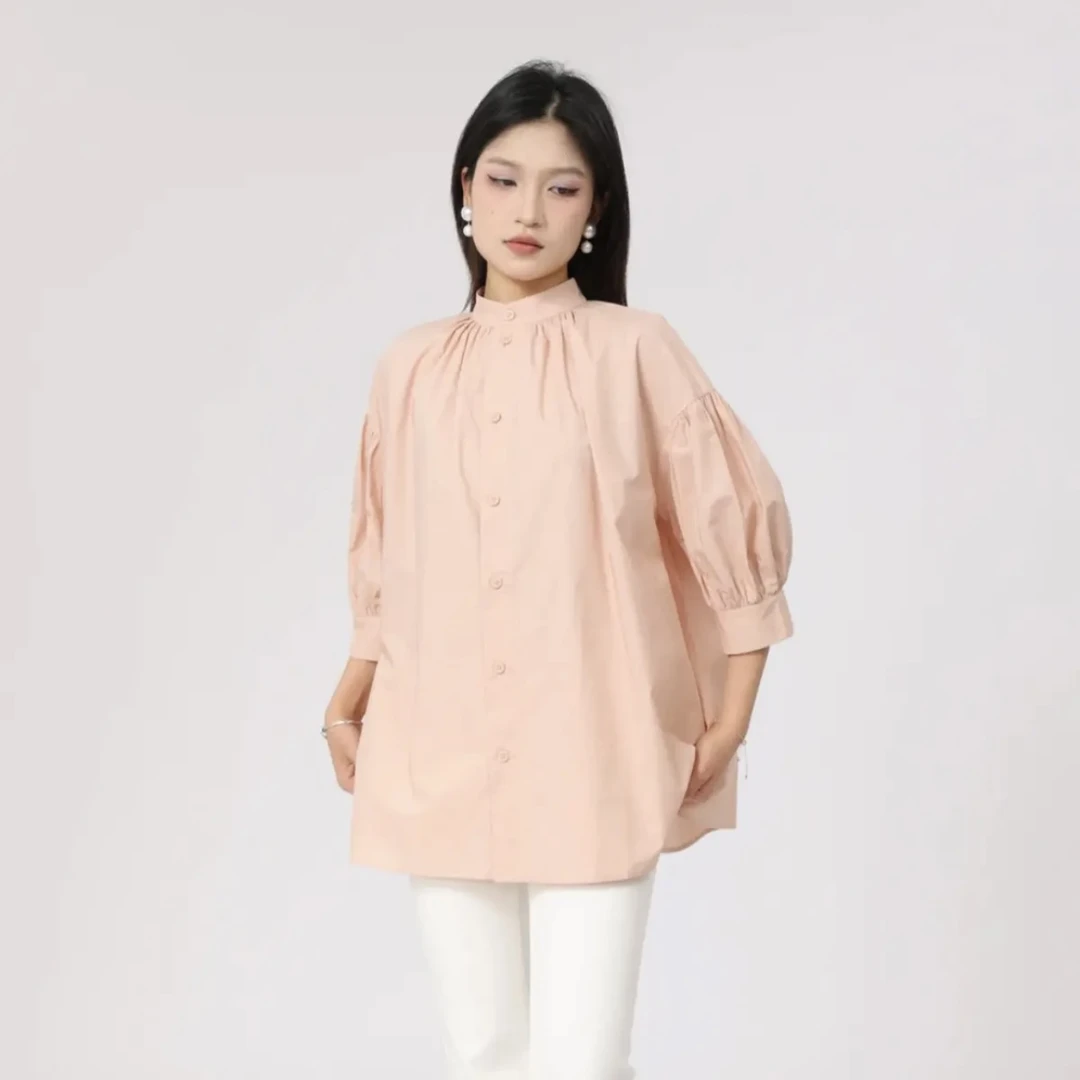 AMASS阿玛施春夏新款时尚休闲气质灯笼袖设计感纯色衬衫 5301060