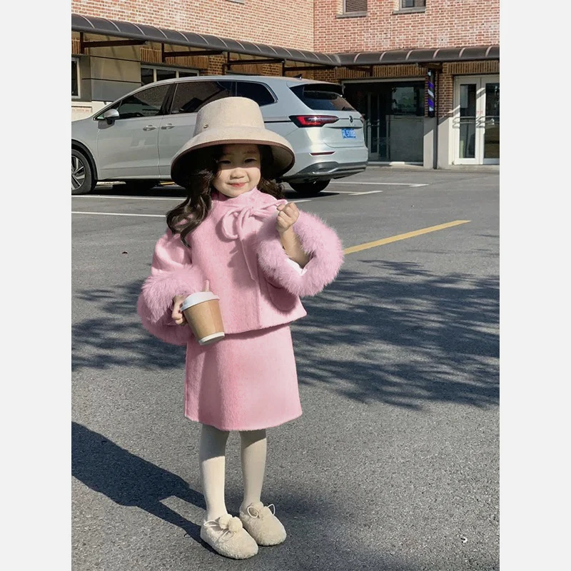 现货狐狸毛）女童秋冬双面羊毛套装洋气高级感粉色外套背心裙套装