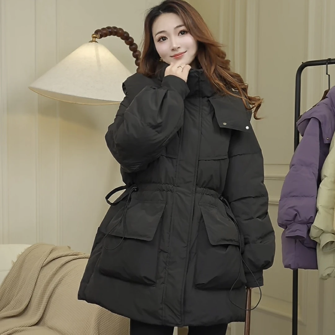 翻盖大口袋羽绒服外套女气质百搭冬季韩版连帽显瘦加厚韩版中长款