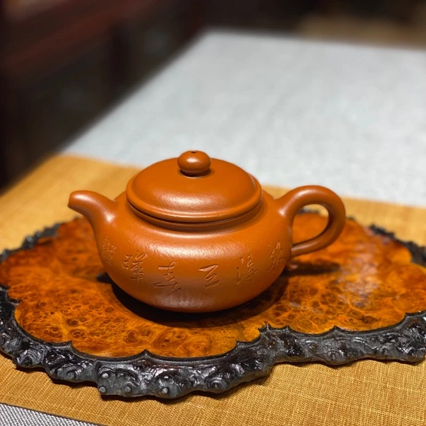 宜兴全手工紫砂壶仿古壶刻鸟朱泥紫砂壶220cc宜兴原矿朱泥紫砂壶