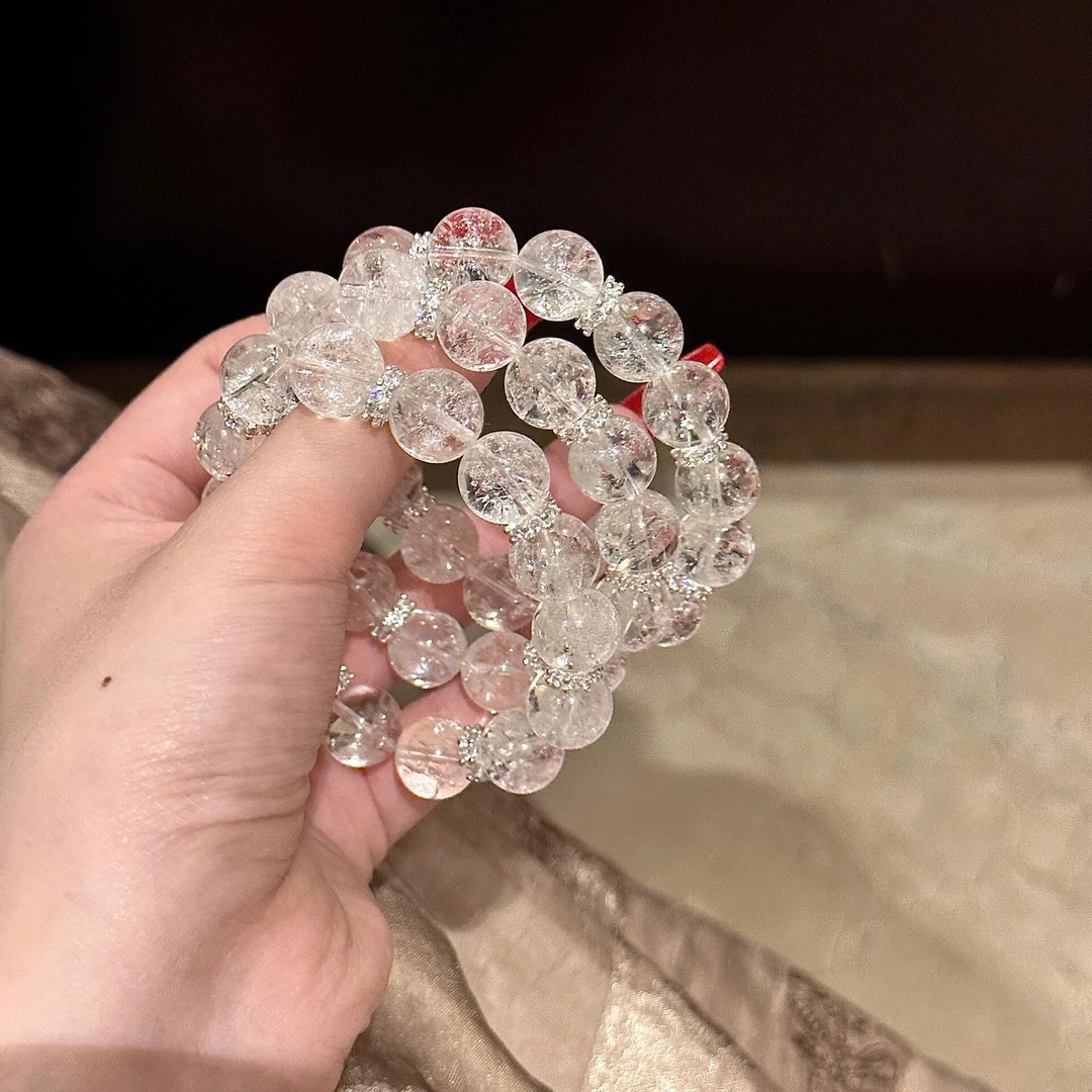 天然闪片彩虹暴风雪白水晶喜马拉雅白阿塞手串手链女款多样性发一