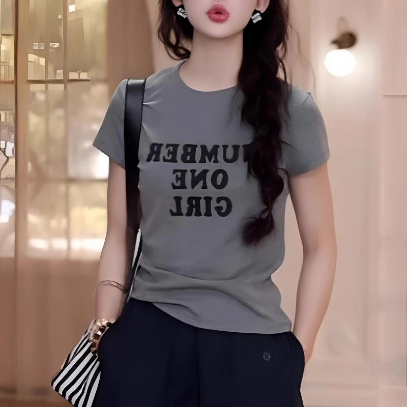 打底衫女2025夏新款时尚字母印花短袖T恤简约显瘦百搭洋气上衣女