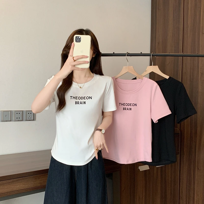 【依依】2025夏装新款胖mm大码女简约百搭印花字母正肩短袖T恤