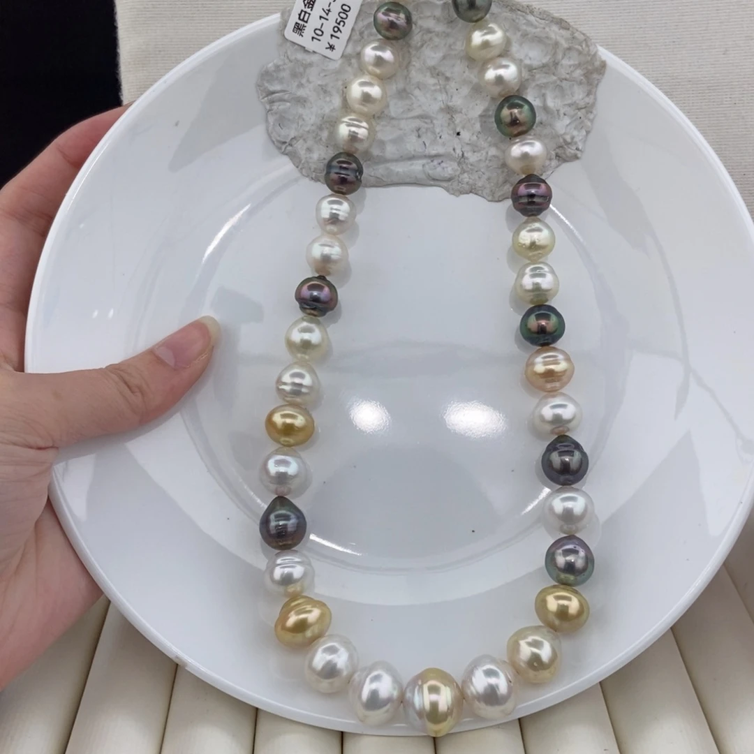 银S925镶嵌项链海水珍珠10-14/37颗 黑白金