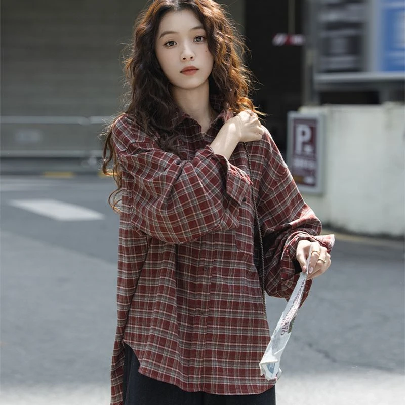 韩版文艺复古红色格子长袖衬衣2025春季翻领休闲上衣宽松百搭衬衫