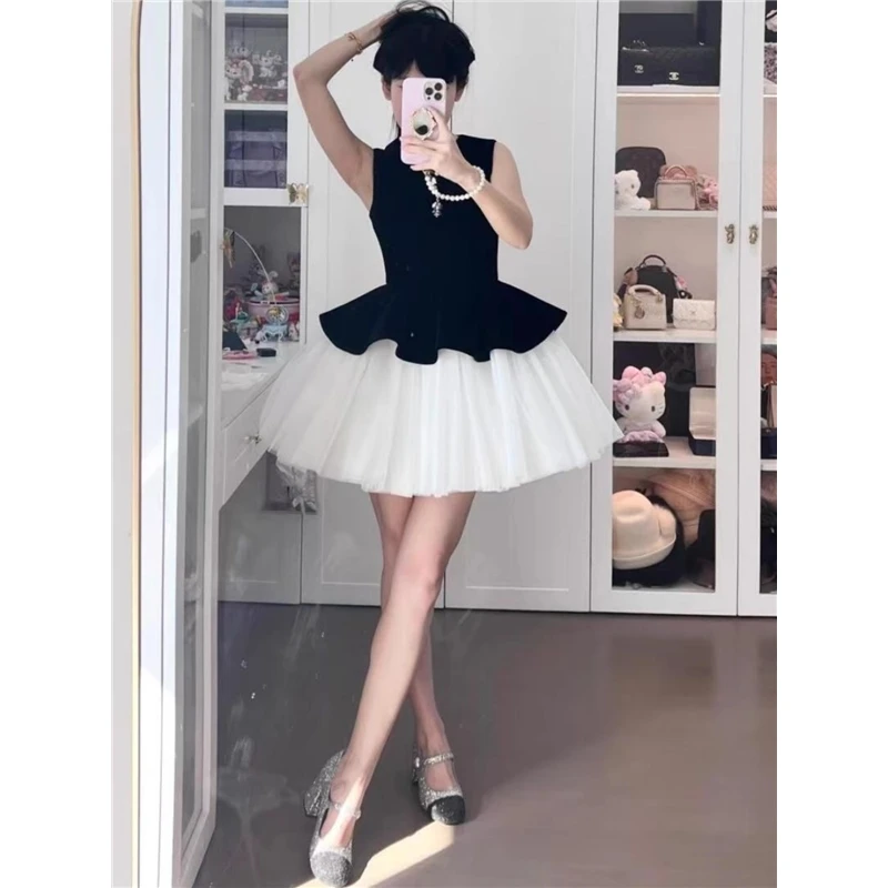 2025新款设计感丝绒拼接芭蕾裙公主风网纱无袖背心连衣裙蓬蓬裙女