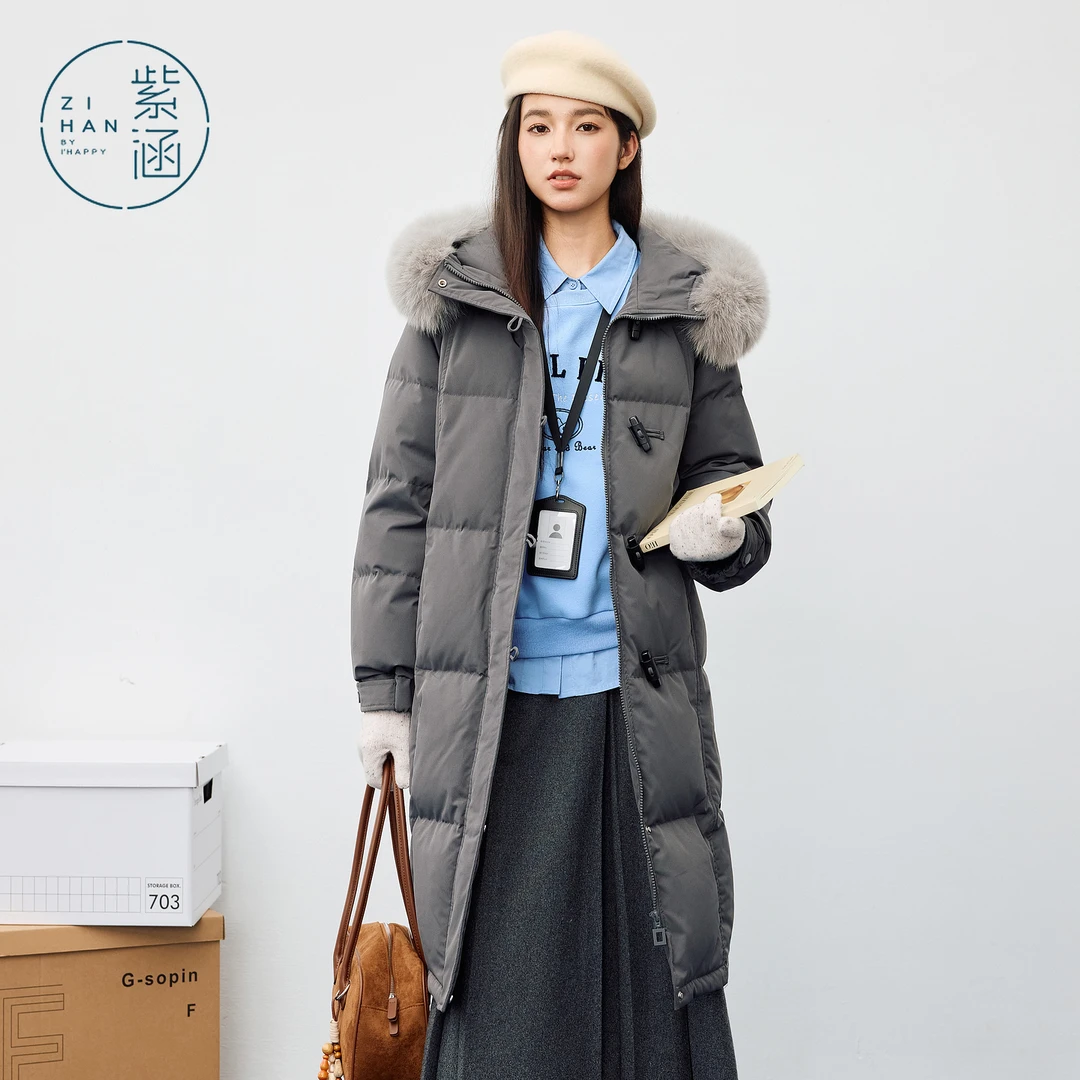 紫涵长款鹅绒羽绒服女2025冬季新款狐狸毛领保暖外套Z5Z10JS780