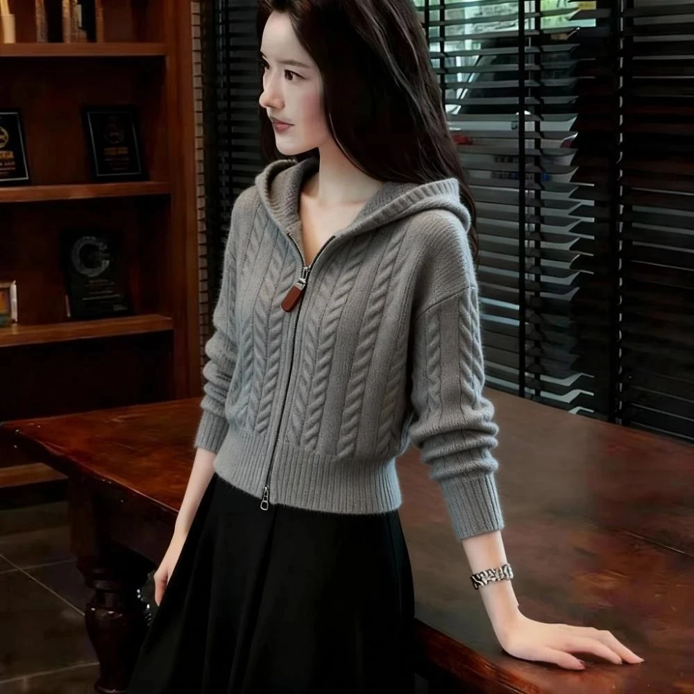 时尚慵懒风针织拉链连帽衫女2025秋冬新款麻花软糯内搭显瘦毛衣女
