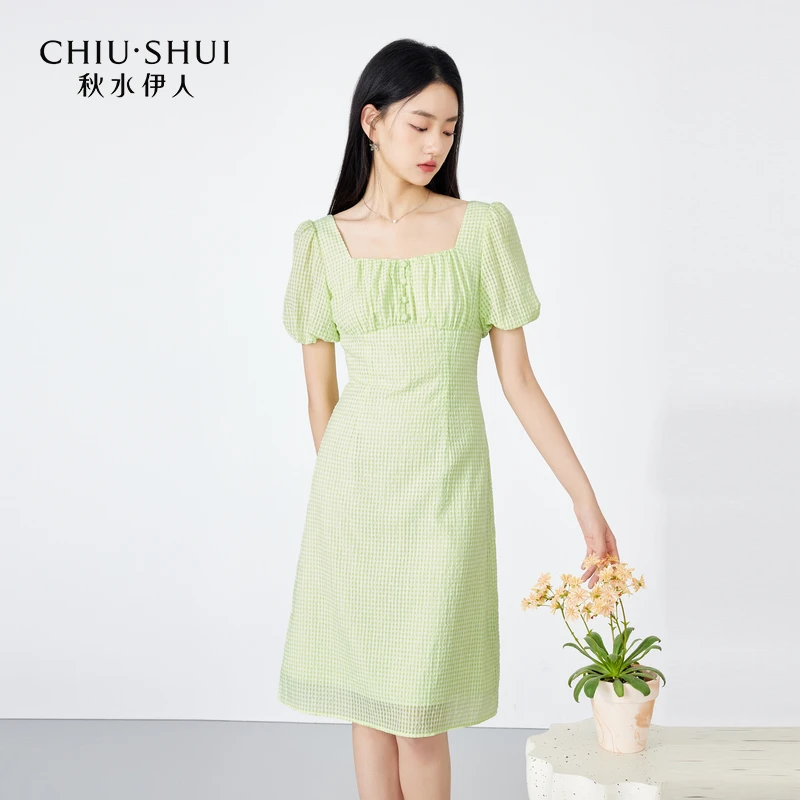 【陈大可】秋水伊人方领复古泡泡袖连衣裙2023年夏季新款女装甜美少