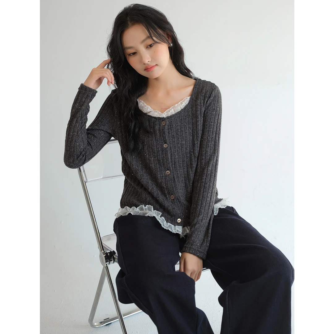 【高级感亮丝针织衫】蓝若水大码春新款假两件蕾丝拼接上衣87702