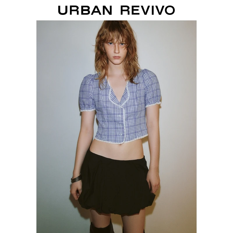 UR2025春季新款女装撞色格纹拼接蕾丝短袖开襟衬衫UWG250100