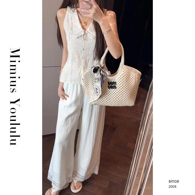 【mimius】七七 亚麻无袖衬衫+松紧腰全套里有口袋长裤开衫 G06399