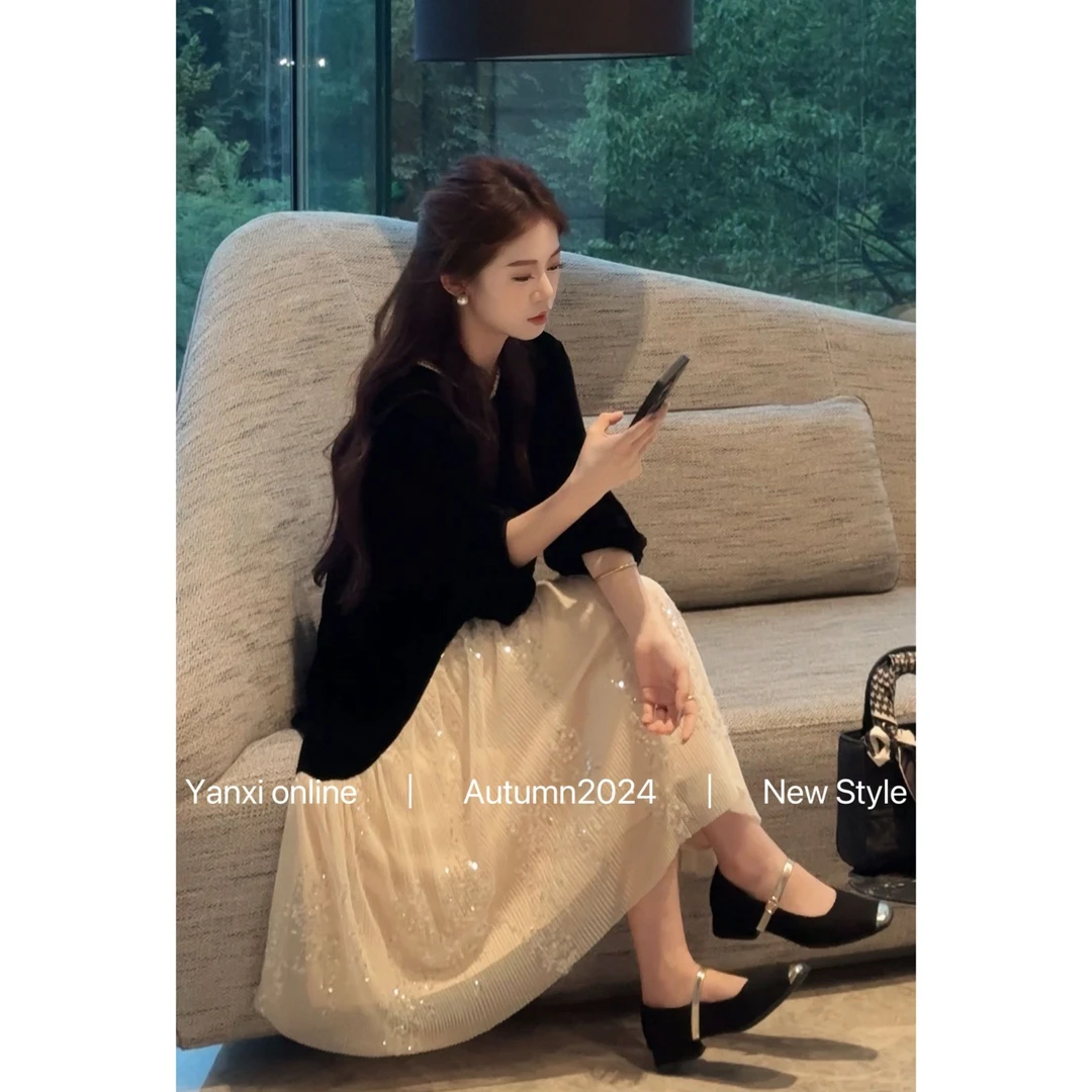 【言希】法式气质入秋丝绒连衣裙穿搭拼接网纱亮片长裙子YX24Q141