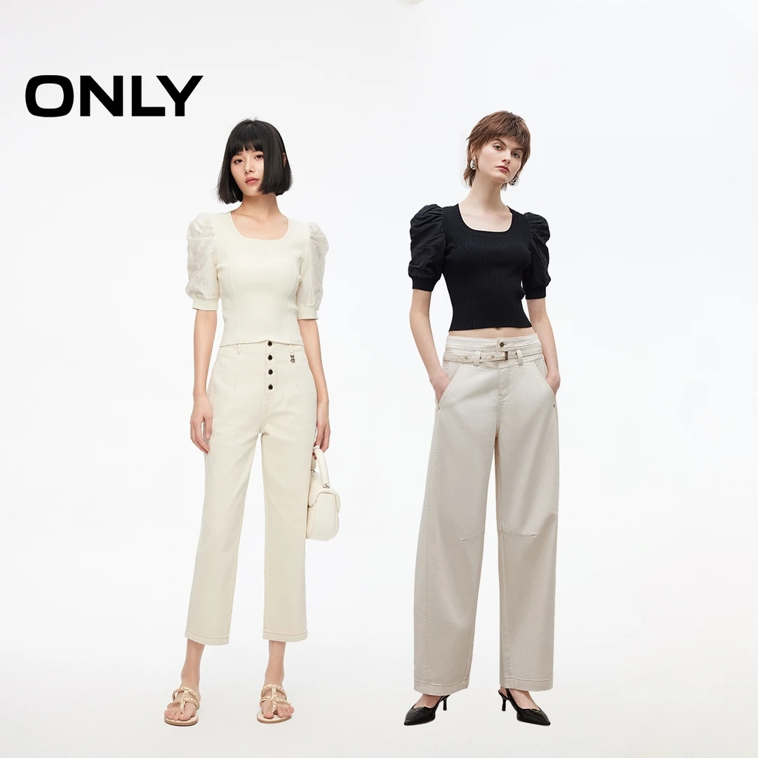 ONLY2025秋季新款设计感U型领泡泡袖修身短袖针织衫女|125124017