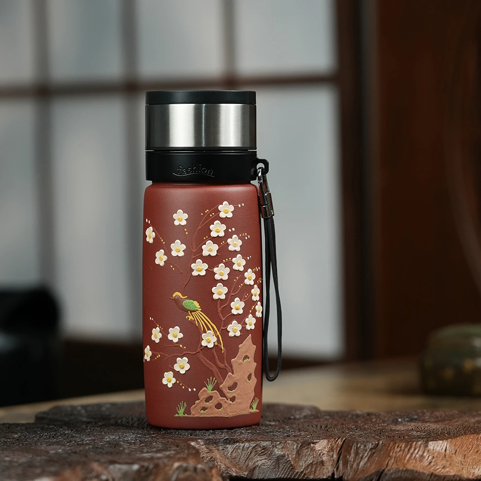 宜兴紫砂 喜上眉梢泥绘 宜兴手工紫砂杯 双层防烫 感温变色车载杯