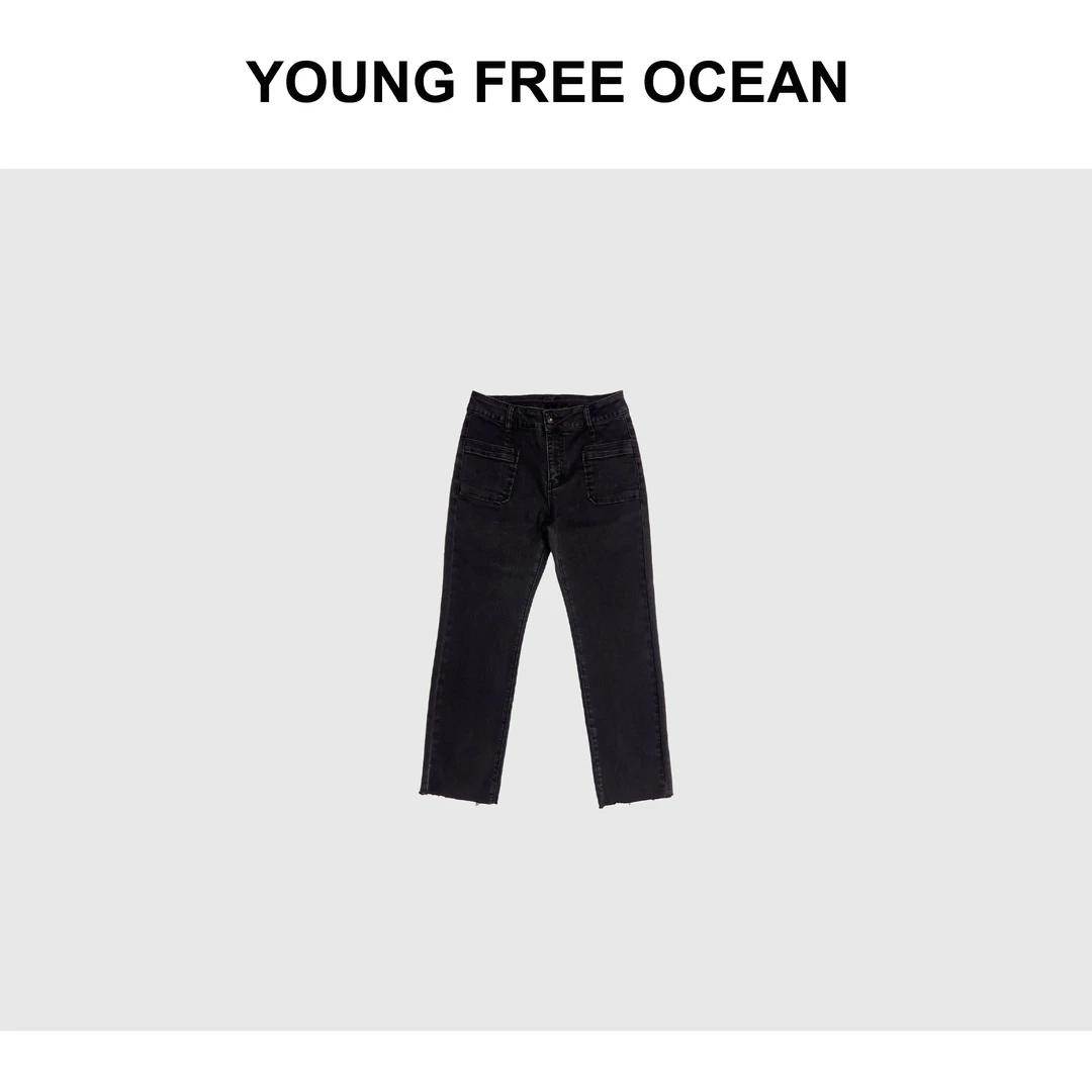YOUNG FREE OCEAN2025春款 方口袋弹力九分黑色牛仔裤8517
