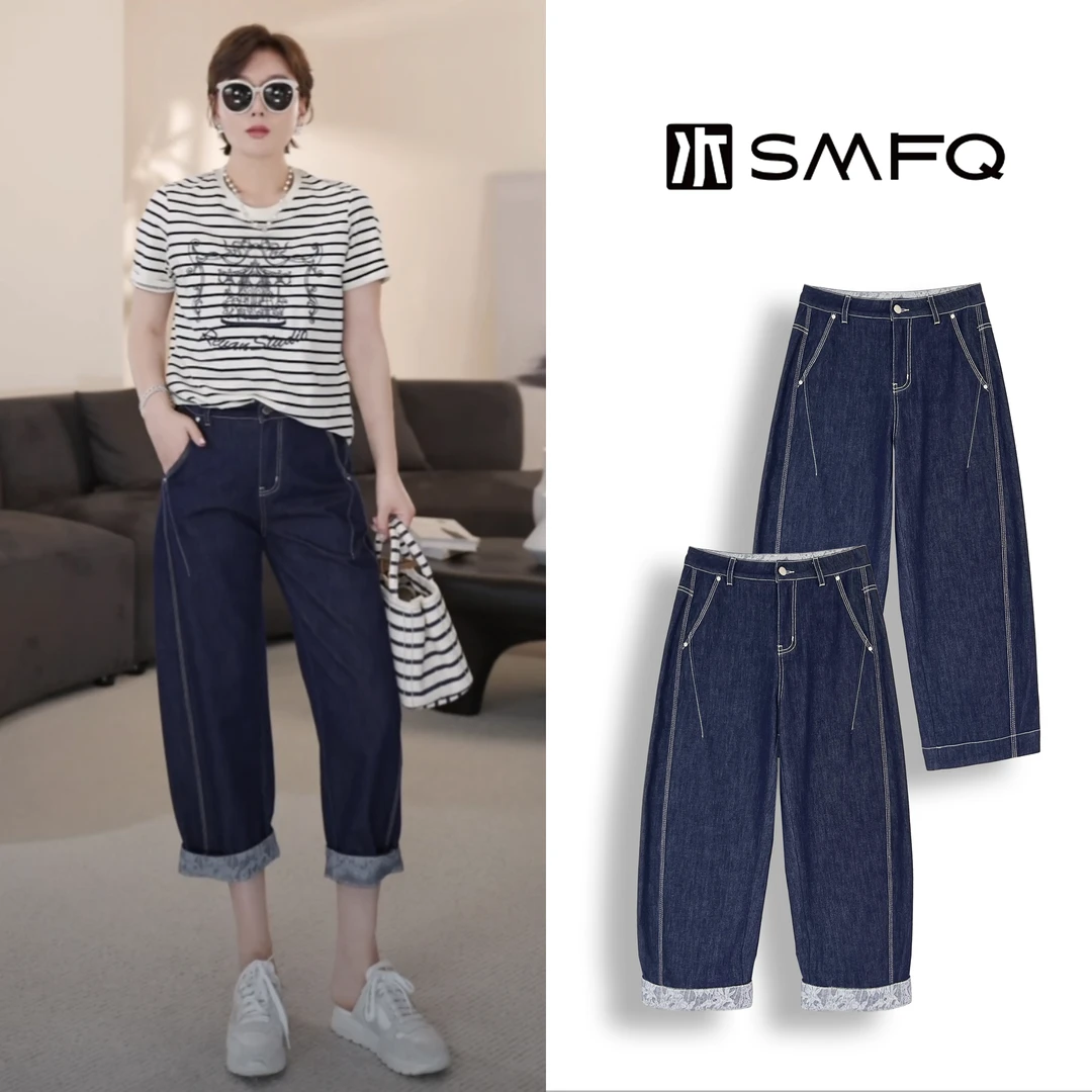 水木夫妻"翻边两穿" 棉明线设计调性夏季显瘦八分奶奶裤弯刀裤女