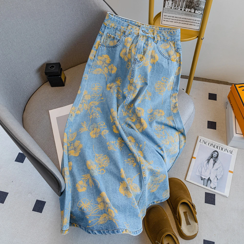 0624小众花色印花大摆牛仔半身裙女夏季新款高腰百搭休闲中长裙子