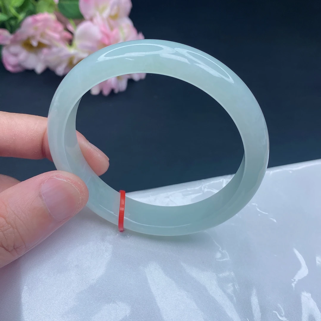 610 缅甸天然翡翠A货手镯 61圈冰润飘绿正圈玉镯宽边平安翡翠手镯