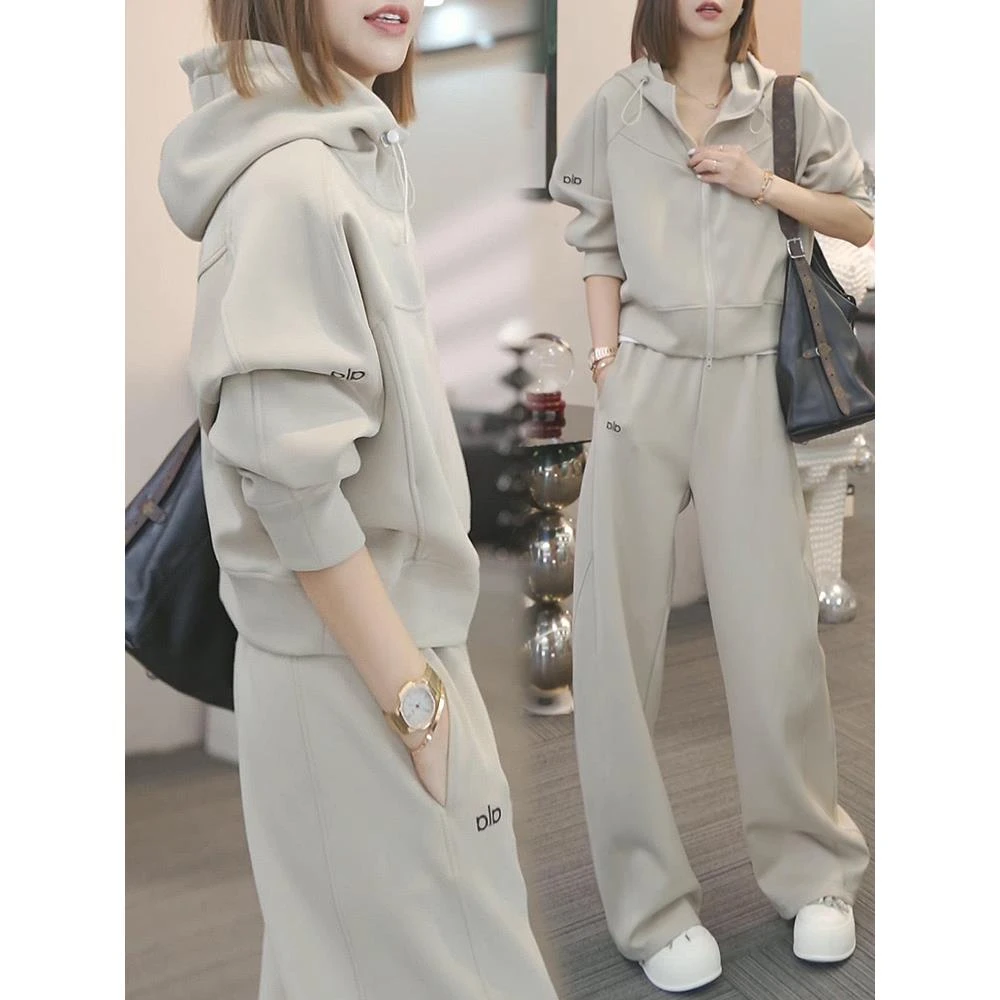 时尚洋气宽松运动套装女2025年秋季显瘦百搭连帽外套直筒裤两件套