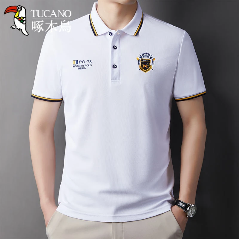 【百搭纯色】啄木鸟2025春秋款男士翻领套头上衣中青年短袖T恤上衣