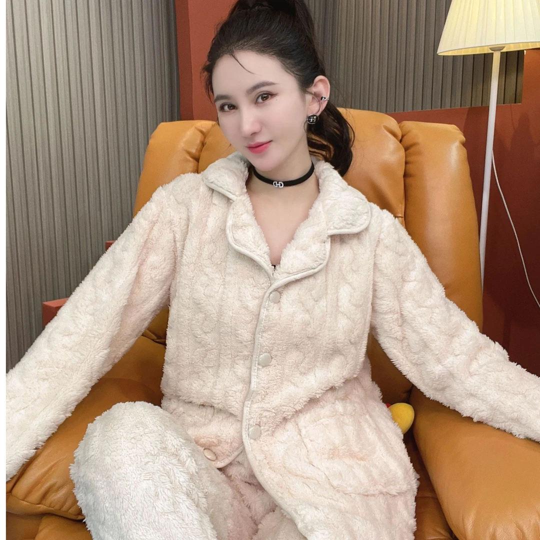 睡衣女冬珊瑚绒高颜值甜美秋冬款加厚法兰绒高档可外穿家居服套装