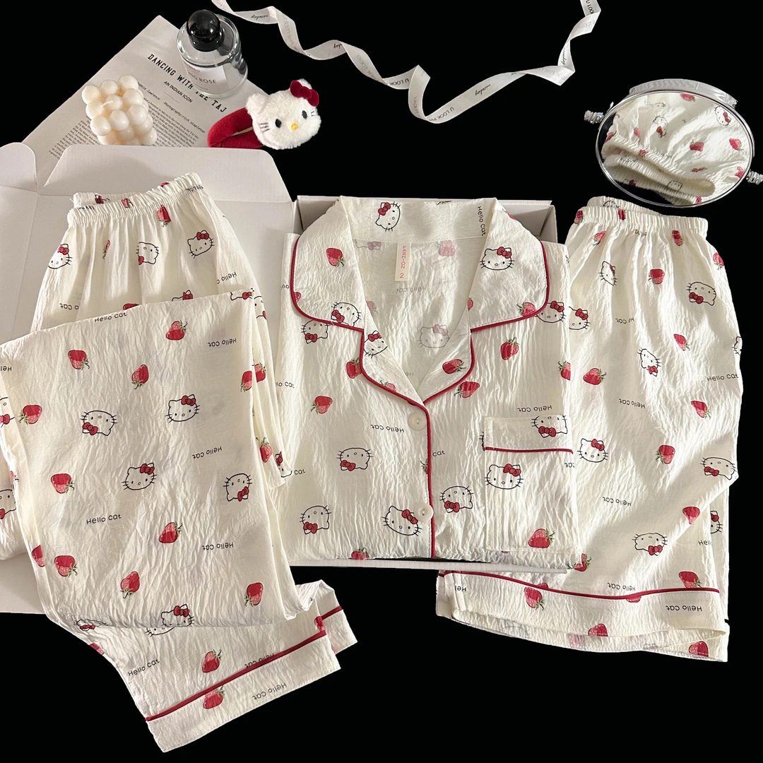 2025甜美新款云朵棉短袖睡衣少女夏季卡通三件套长裤家居服套装