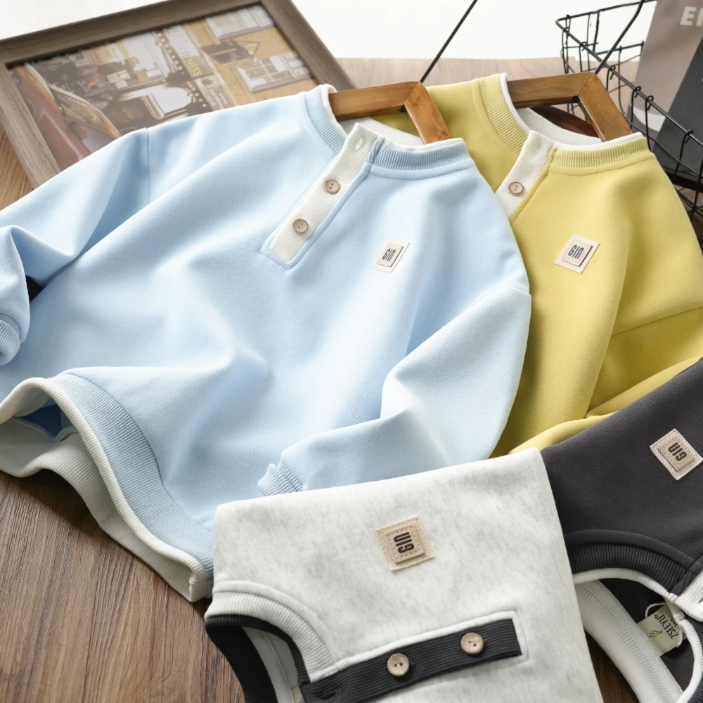 儿童春季新款时尚贴标假两件开领卫衣中大童男童圆领上衣85120