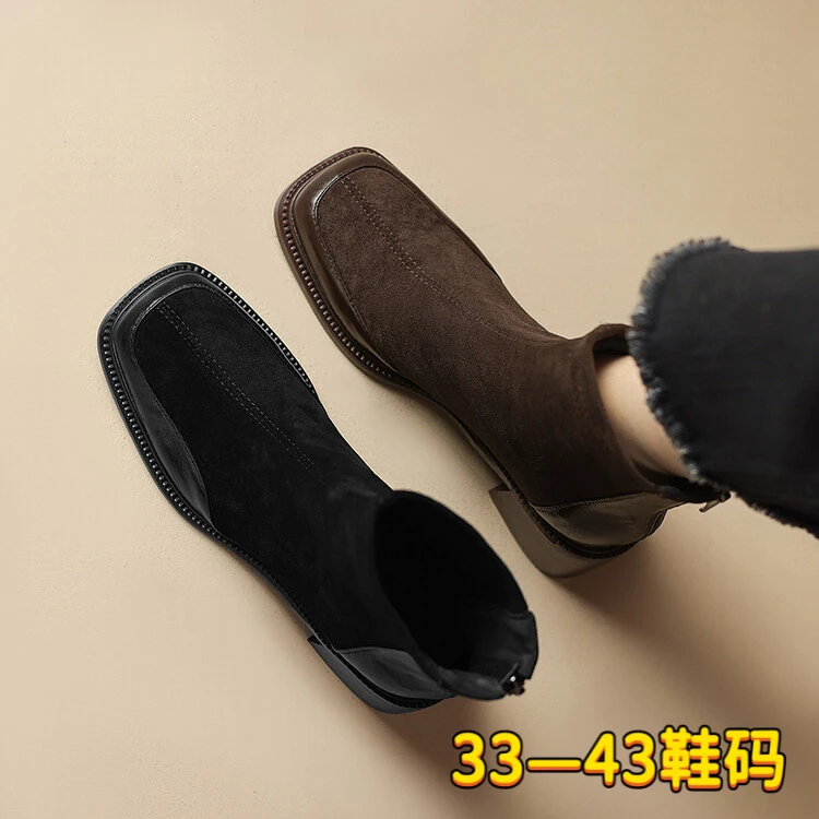 方头短靴女2025春秋季新款法式粗跟中跟单靴弹力瘦瘦靴大码41-43