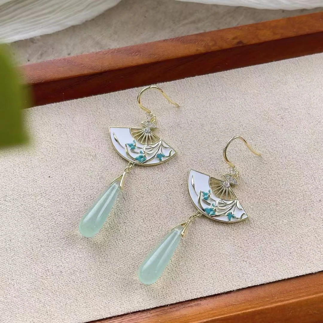 铜合金树脂耳饰 a51【竹节扇形水滴耳环】新中式国风扇形耳饰17268