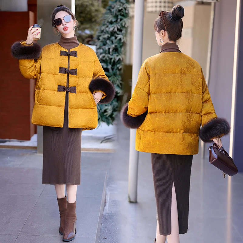 新中式国风提花羽绒服女2024冬季新款宽松狐狸毛中长款白鸭绒外套