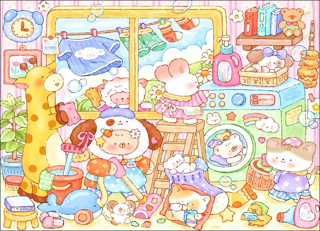 新疆长绒棉布 长颈鹿洗衣房100*75大格58色十字绣（精准印花）