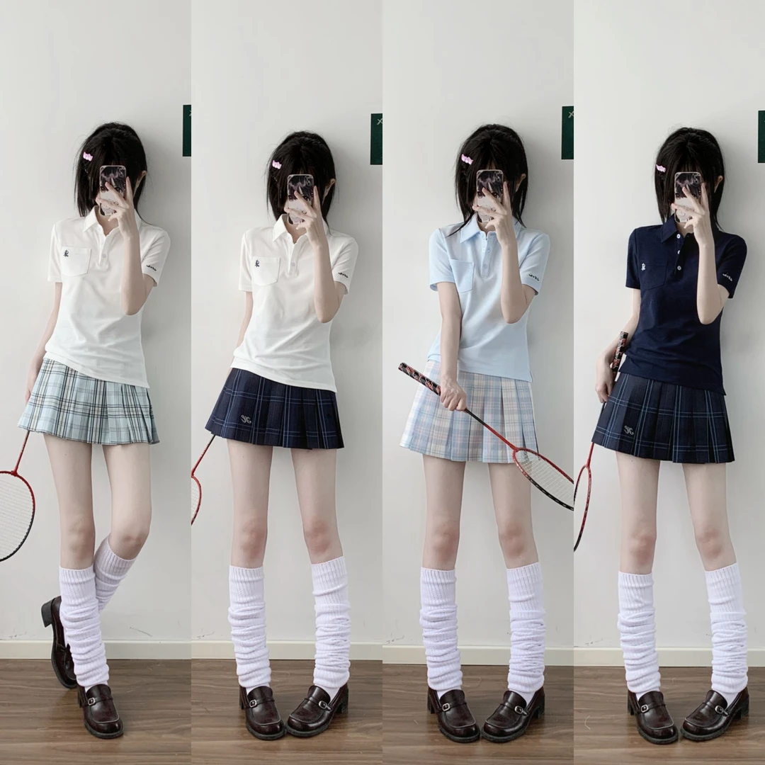 小花猪jk原创夏季POLO衫套装日系刺绣格子裙套装短裙短袖JK制服女