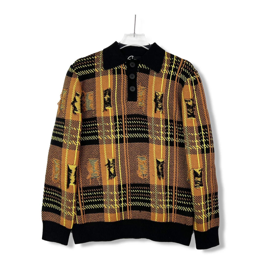 2024冬季新款提花格子撞色流苏慵懒风男款毛衣翻领毛衣623