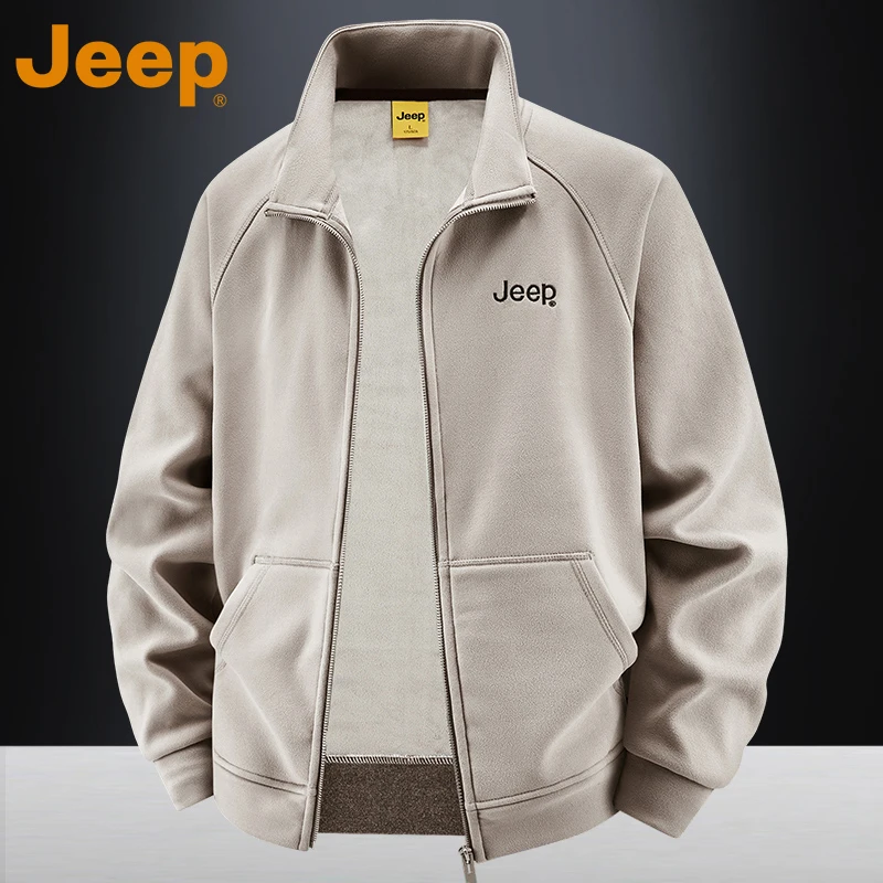 JEEP吉普立领德绒外套男士冬季中年大码今年潮流加绒加厚夹克上衣
