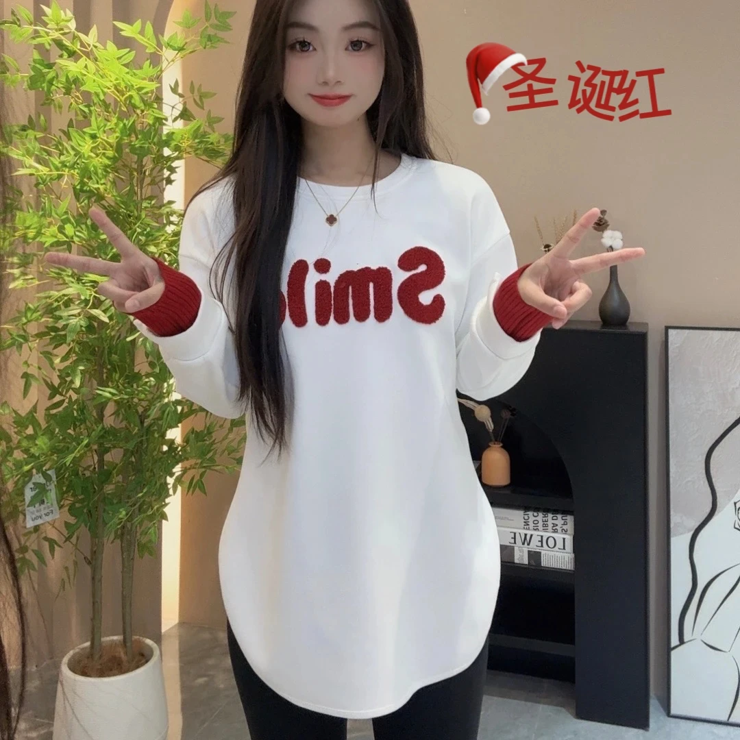 2025春季新年红立体字母加绒打底衫女秋冬季弧形开叉T恤上衣厚