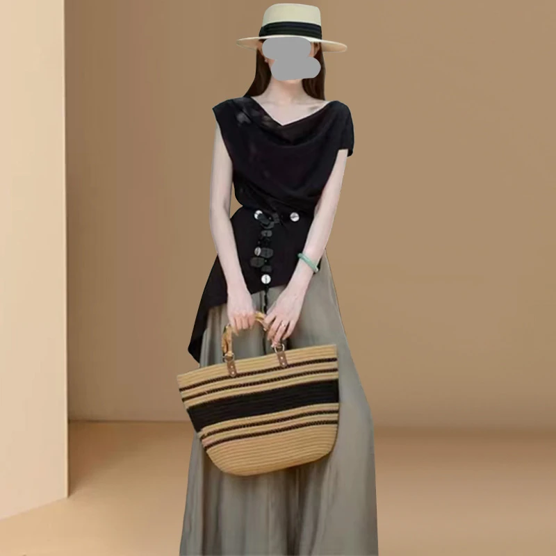 韩系慵懒chic独特漂亮黑色上衣半身裙裤套装2025超火夏装一整套女