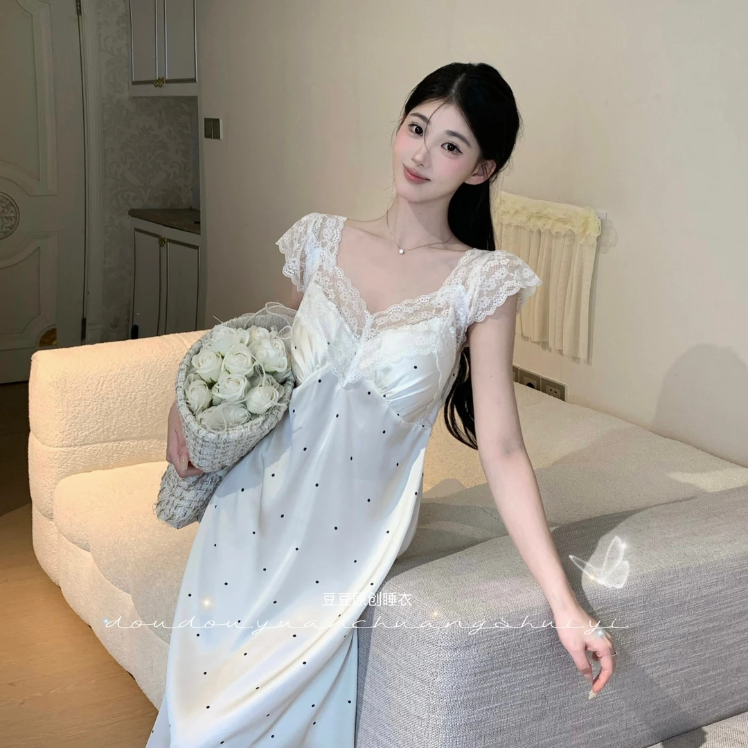 婷婷【赫本小香】月光丝带胸垫短袖睡裙高腰显瘦夏季显高显白睡衣女