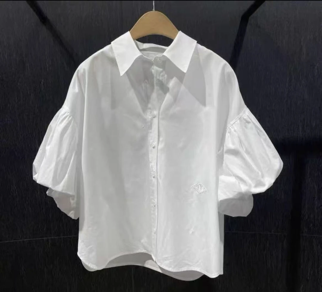 泡泡袖女士衬衫百搭休闲夏季衬衣宽松型纯色七分袖