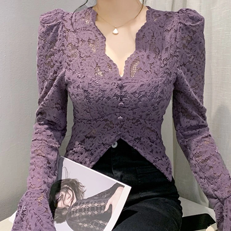 V领植绒蕾丝衫女长袖秋冬欧货时尚泡泡袖上衣气质修身显瘦打底衫