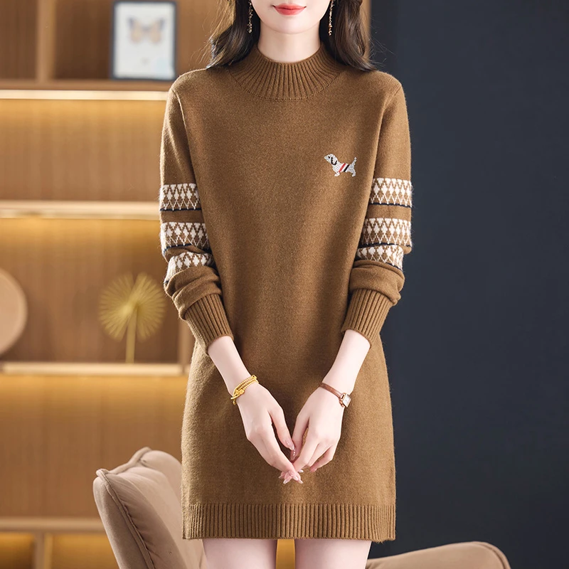 洋气妈妈连衣裙女秋冬2026新款半高领针织毛衣裙冬季内搭打底衫厚