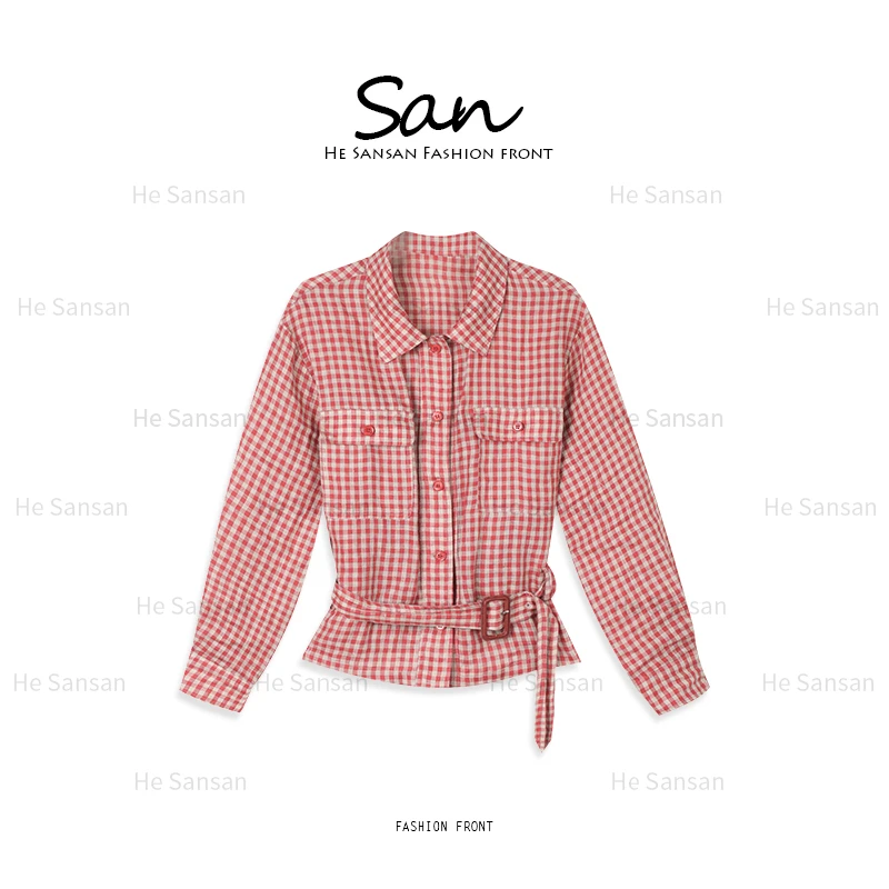 【SANSAN】休闲气质减龄百搭格子上衣休闲袖衬衫DY-6587