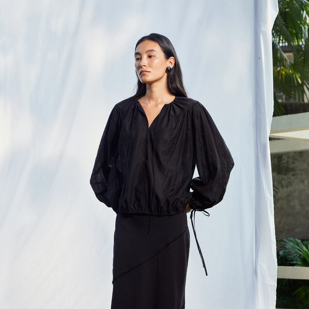 【10 ROUN】noundnound抽褶圆领宽松系带长袖衬衫女2025秋冬新款