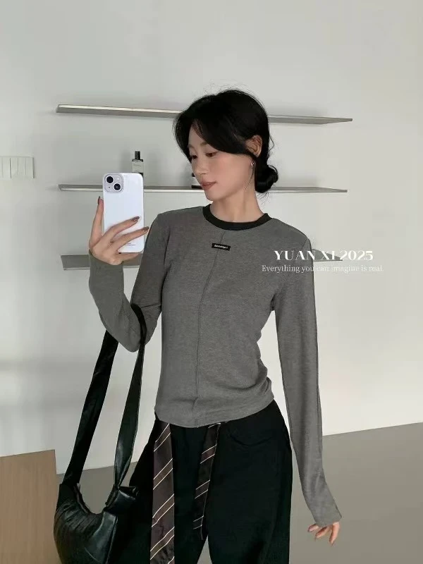 新款拼色显瘦长袖上衣31323