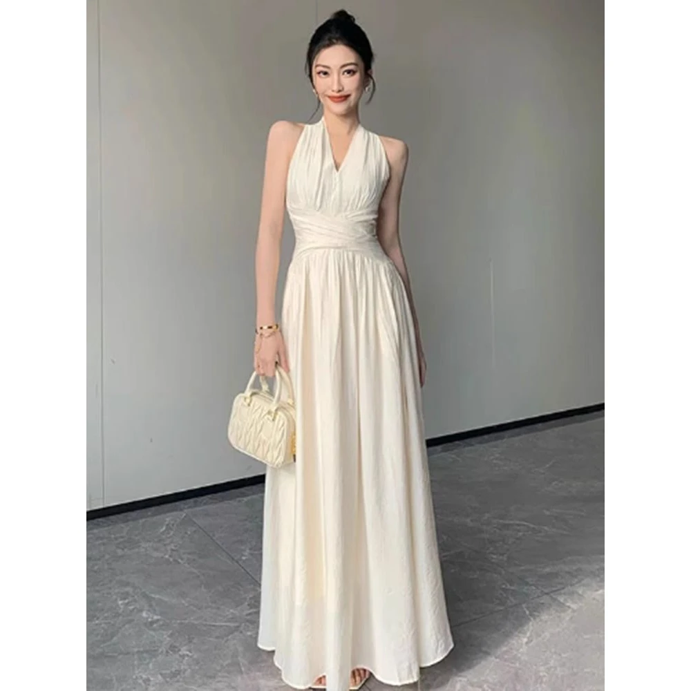 法式白色无袖挂脖v领连衣裙女2025夏季新款绝美收腰显瘦大摆长裙