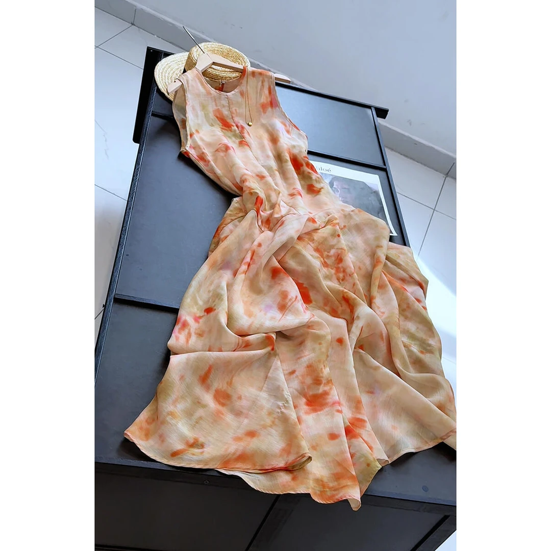 夏季新款气质圆领无袖飘逸印花连衣裙度假度假风A字过膝长裙