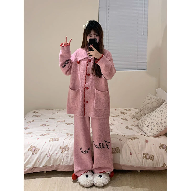 【圣诞少女】法式字母半边绒睡衣女冬季甜美保暖加厚开衫家居服套装