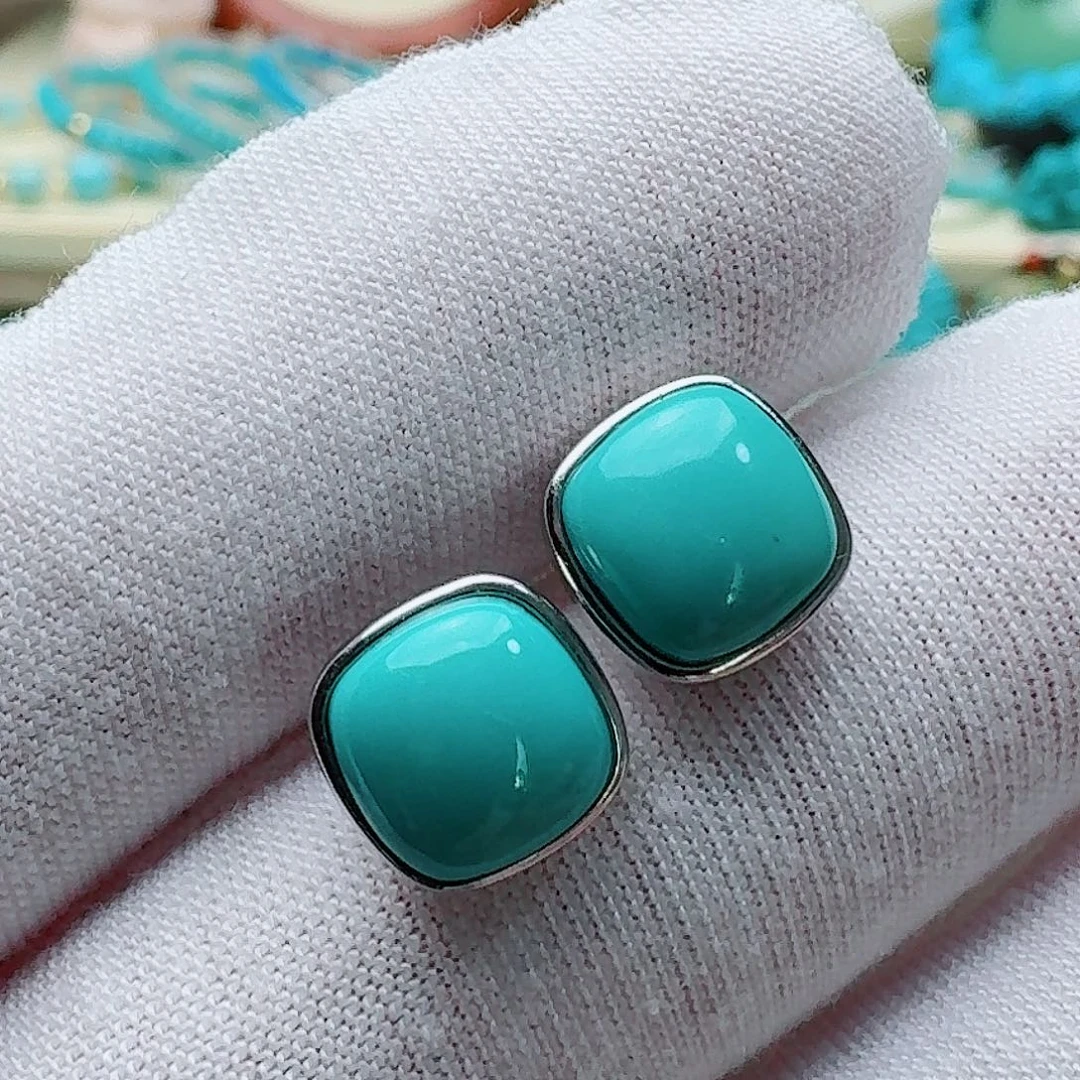 绿松石银S925镶嵌高瓷绿方糖耳钉