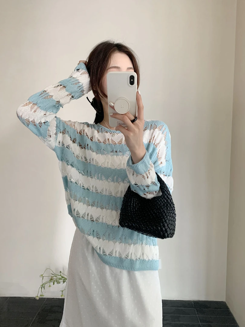 【素简.680151】春款上新天爽亚麻挑洞花纹条纹短袖女装上新针织衫