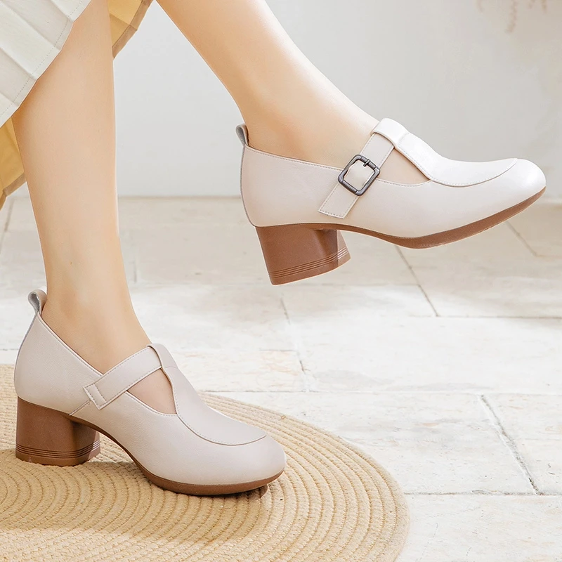 新款玛丽珍单鞋春秋软底粗跟真皮女鞋百搭时尚复古风高跟鞋25208